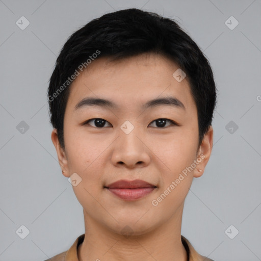 Joyful asian young-adult male with short  black hair and brown eyes