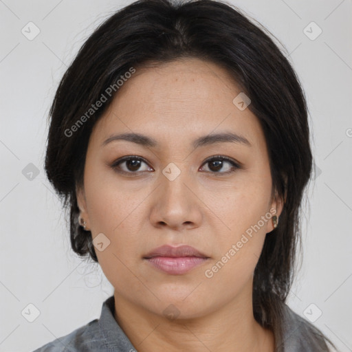 Neutral asian young-adult female with medium  brown hair and brown eyes