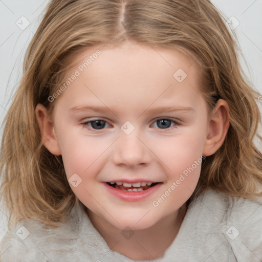 Joyful white child female with medium  brown hair and grey eyes