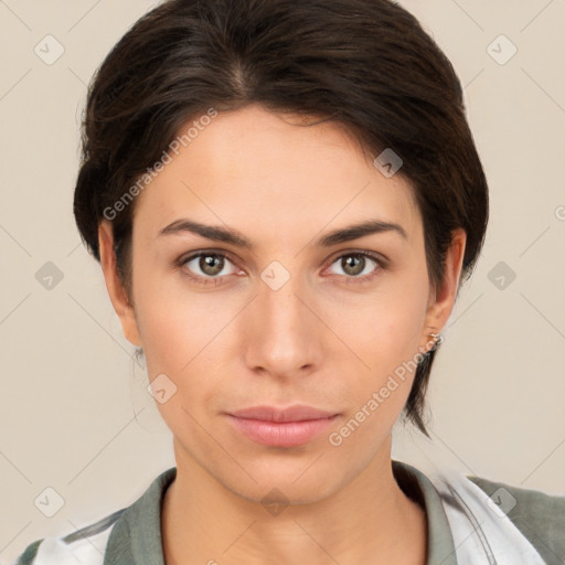 Neutral white young-adult female with short  brown hair and brown eyes