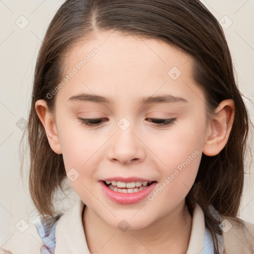 Joyful white child female with medium  brown hair and brown eyes