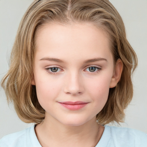 Joyful white child female with medium  brown hair and blue eyes