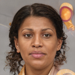 Joyful black adult female with medium  brown hair and brown eyes