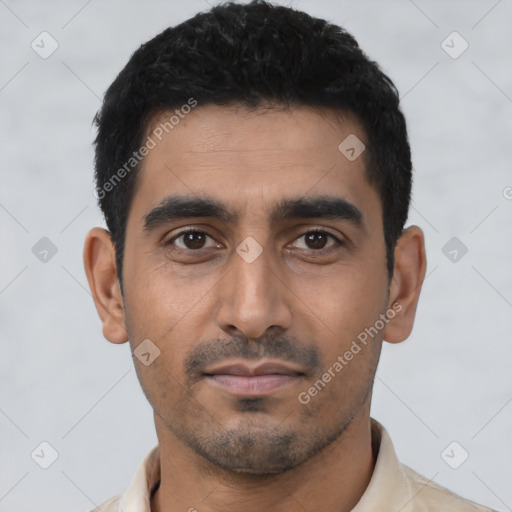 Neutral latino young-adult male with short  black hair and brown eyes