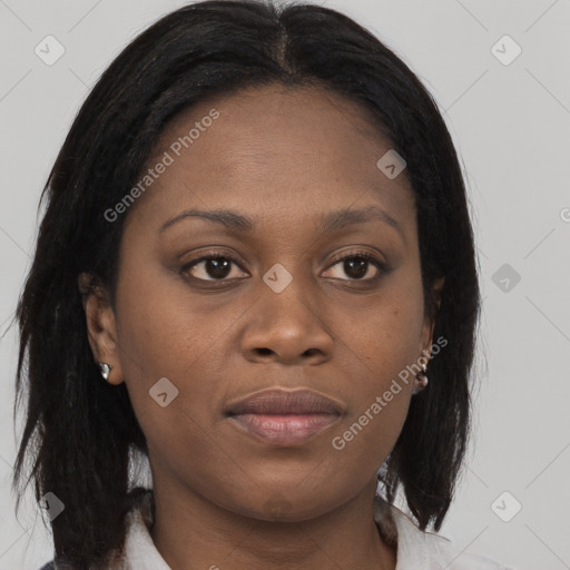 Joyful black young-adult female with long  brown hair and brown eyes