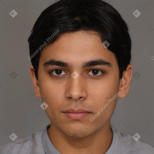 Neutral latino young-adult male with short  brown hair and brown eyes