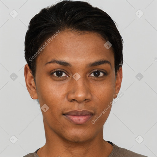 Neutral black young-adult female with short  brown hair and brown eyes