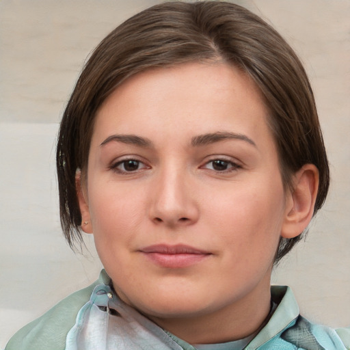 Neutral white young-adult female with medium  brown hair and brown eyes