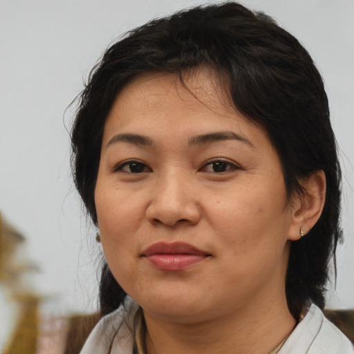 Joyful asian adult female with medium  brown hair and brown eyes