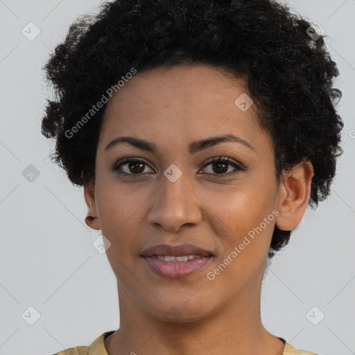 Joyful latino young-adult female with short  black hair and brown eyes