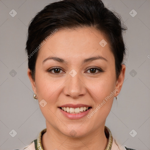 Joyful white young-adult female with short  brown hair and brown eyes