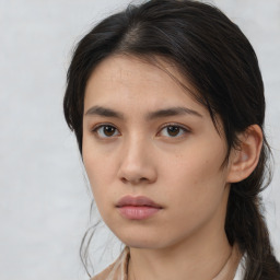 Neutral asian young-adult female with medium  brown hair and brown eyes