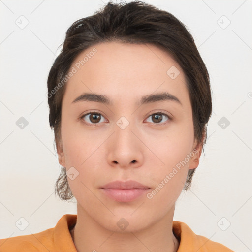 Neutral white young-adult female with medium  brown hair and brown eyes