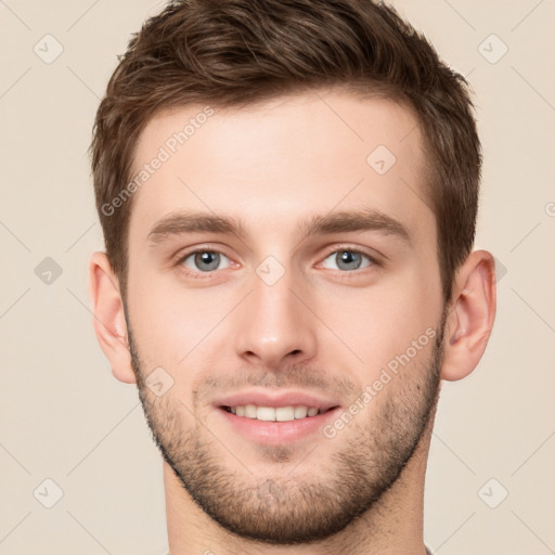 Joyful white young-adult male with short  brown hair and brown eyes