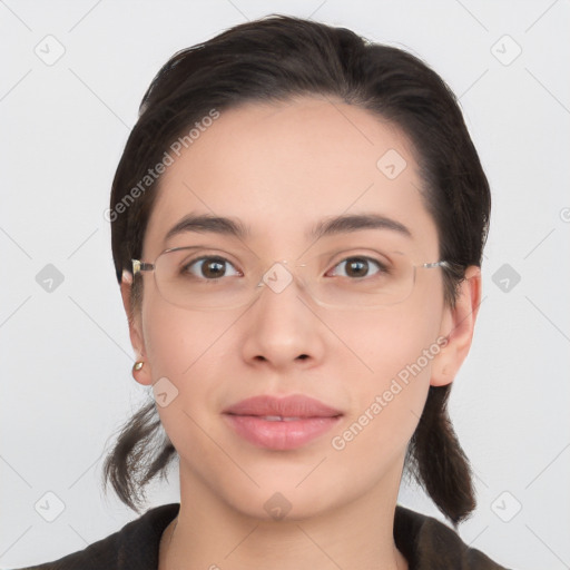 Neutral white young-adult female with medium  brown hair and brown eyes