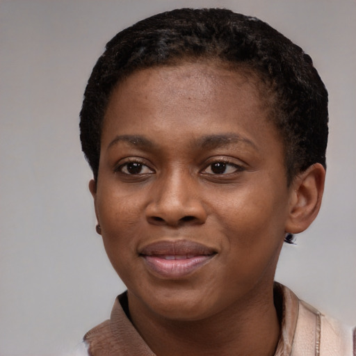 Joyful black young-adult female with short  black hair and brown eyes