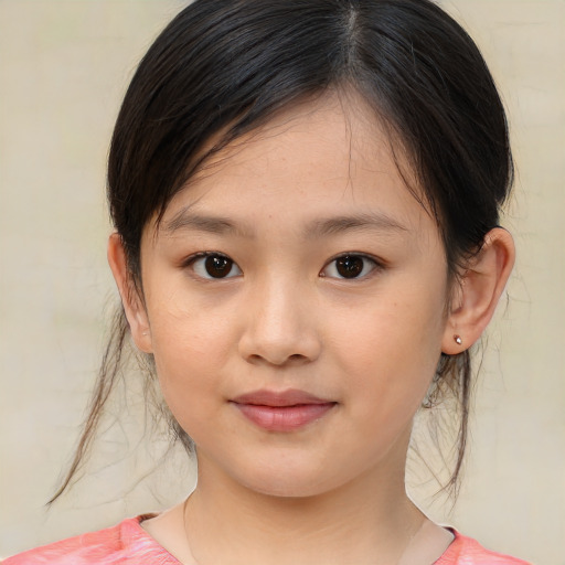 Joyful white child female with medium  brown hair and brown eyes