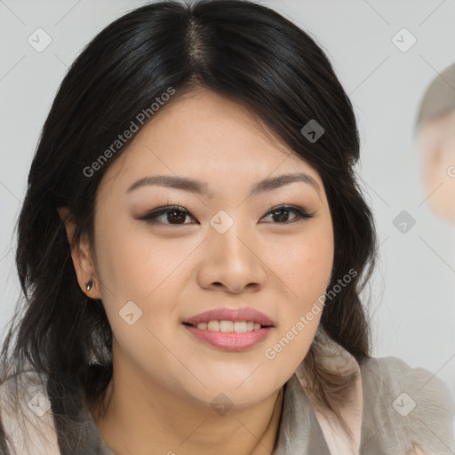 Joyful asian young-adult female with long  brown hair and brown eyes