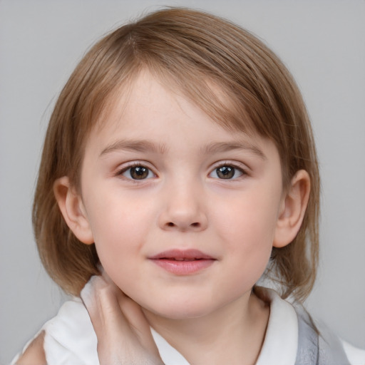 Neutral white child female with medium  brown hair and grey eyes