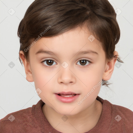 Joyful white child female with short  brown hair and brown eyes