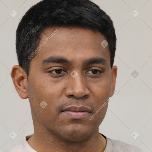 Neutral latino young-adult male with short  black hair and brown eyes
