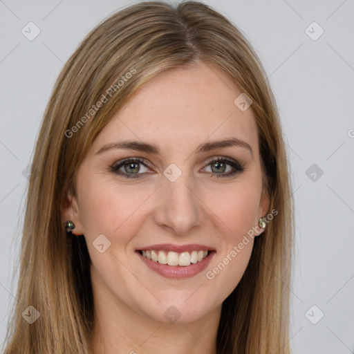 Joyful white young-adult female with long  brown hair and green eyes