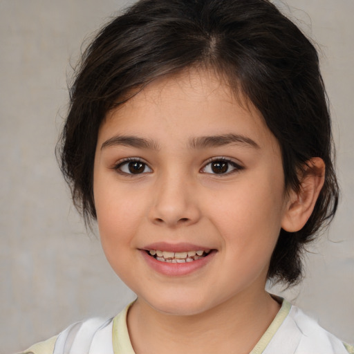 Joyful white child female with medium  brown hair and brown eyes