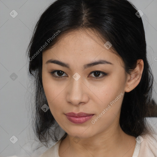 Neutral asian young-adult female with medium  brown hair and brown eyes