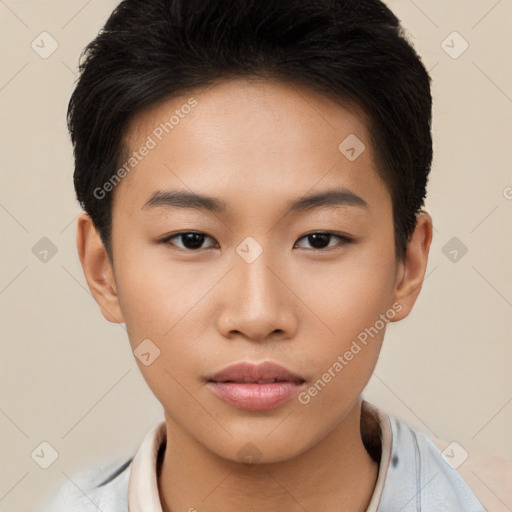 Neutral asian young-adult female with short  brown hair and brown eyes