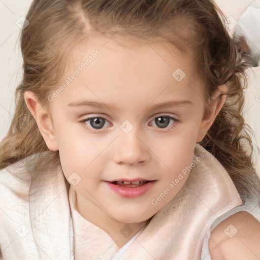 Joyful white child female with medium  brown hair and grey eyes