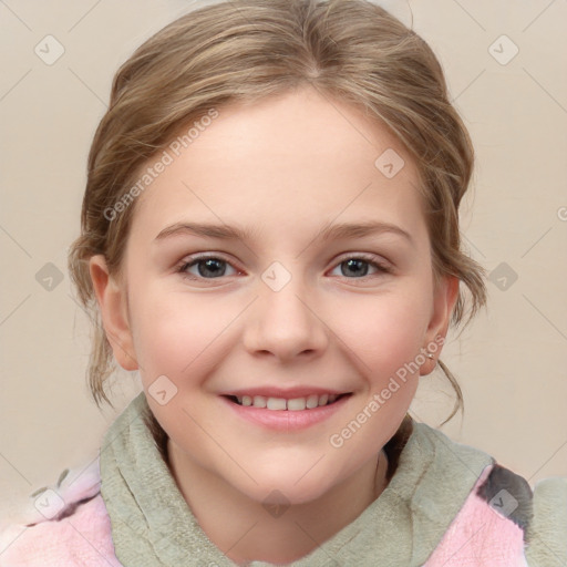 Joyful white child female with medium  brown hair and blue eyes