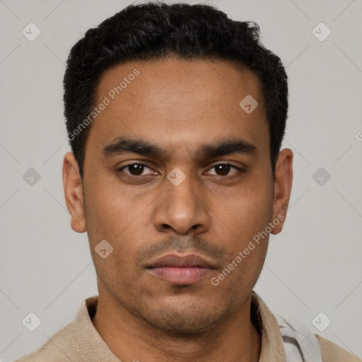 Neutral latino young-adult male with short  black hair and brown eyes