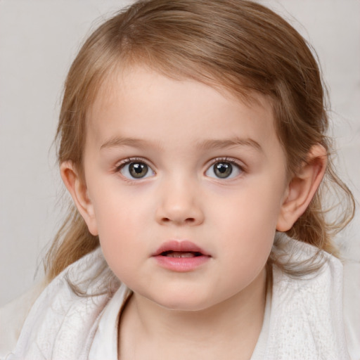 Neutral white child female with medium  brown hair and blue eyes