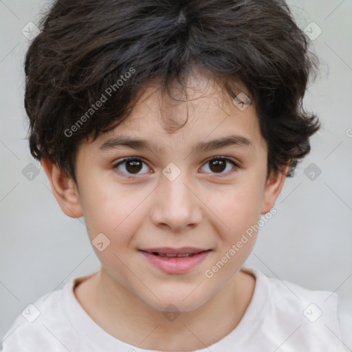 Joyful white child female with short  brown hair and brown eyes