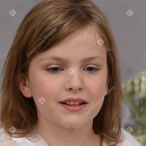 Joyful white child female with medium  brown hair and brown eyes