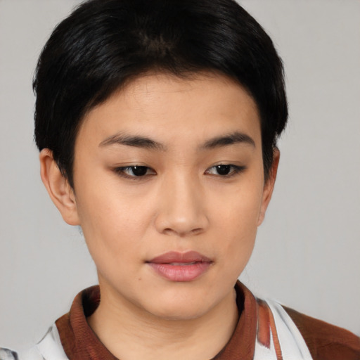 Neutral asian young-adult female with short  brown hair and brown eyes
