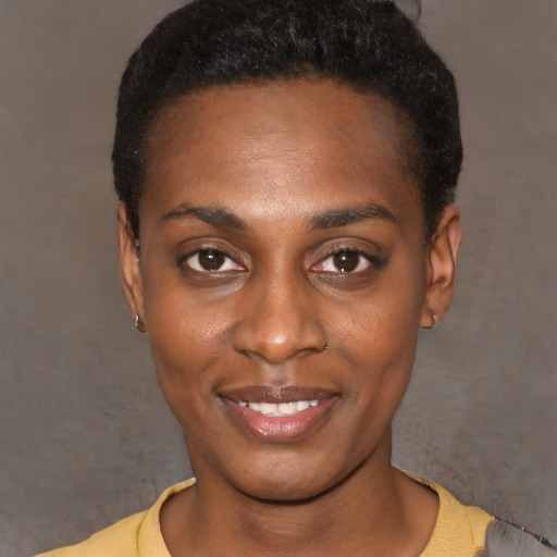 Joyful black young-adult female with short  black hair and brown eyes