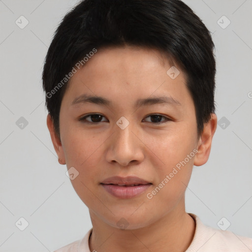 Joyful asian young-adult female with short  brown hair and brown eyes