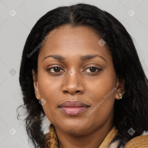 Joyful latino young-adult female with medium  black hair and brown eyes