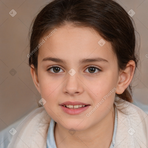 Joyful white child female with medium  brown hair and brown eyes