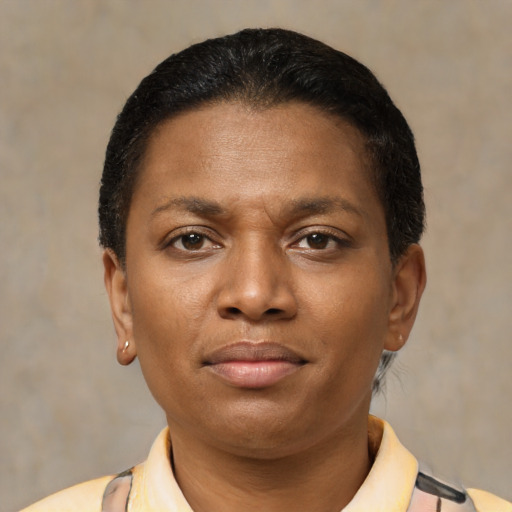Joyful black young-adult female with short  brown hair and brown eyes