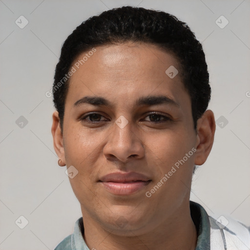 Joyful latino young-adult female with short  black hair and brown eyes