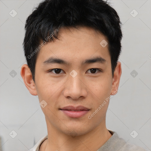 Neutral asian young-adult male with short  black hair and brown eyes