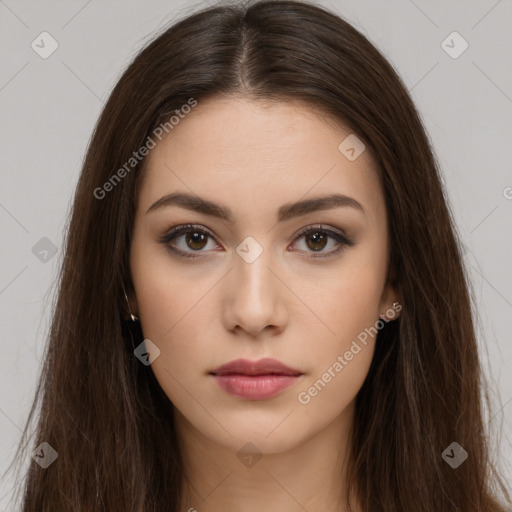 Neutral white young-adult female with long  brown hair and brown eyes