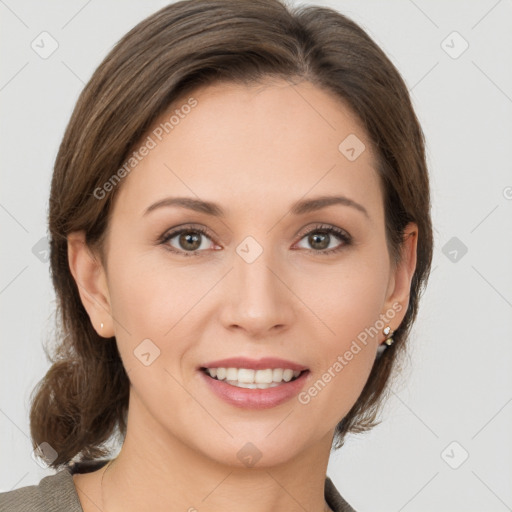 Joyful white young-adult female with medium  brown hair and grey eyes