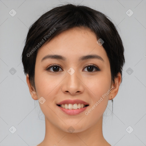 Joyful asian young-adult female with medium  black hair and brown eyes