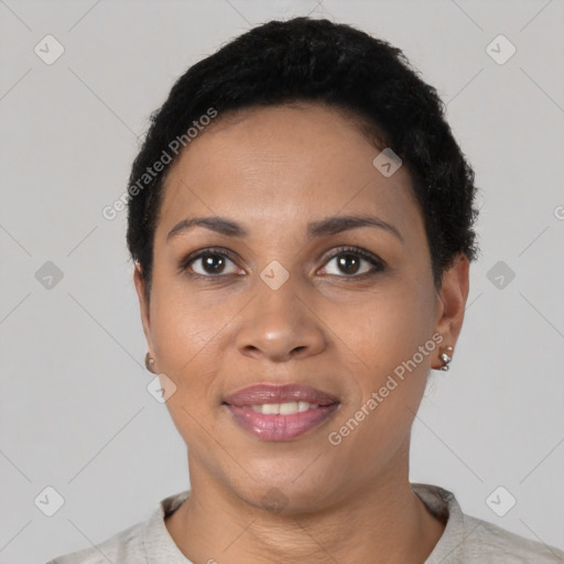 Joyful latino young-adult female with short  black hair and brown eyes