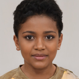 Joyful black young-adult female with short  brown hair and brown eyes