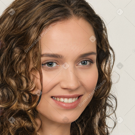 Joyful white young-adult female with long  brown hair and green eyes