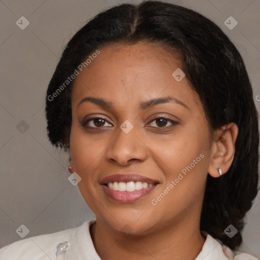 Joyful latino young-adult female with medium  brown hair and brown eyes